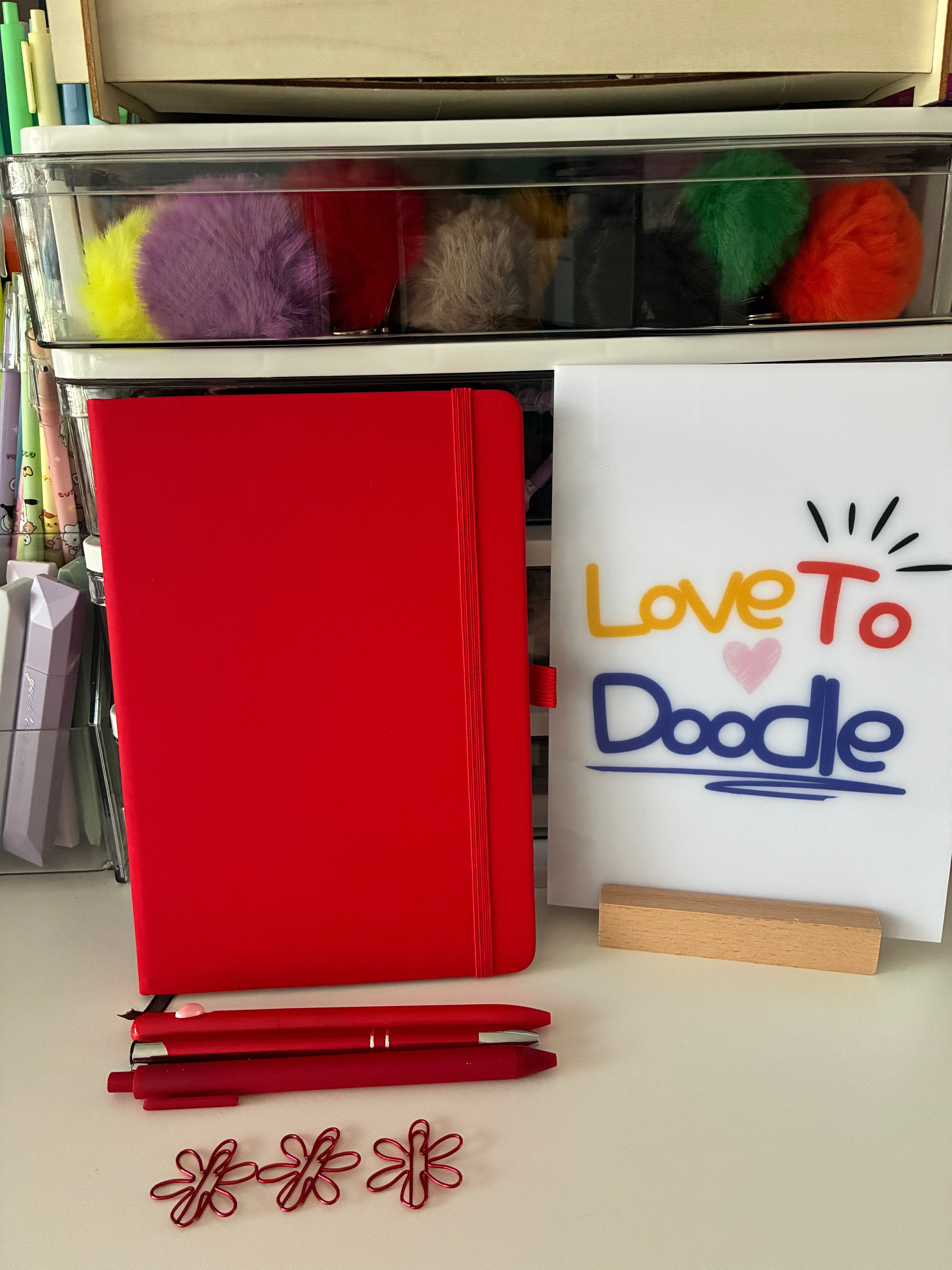 Red A5 Notebook and Pens